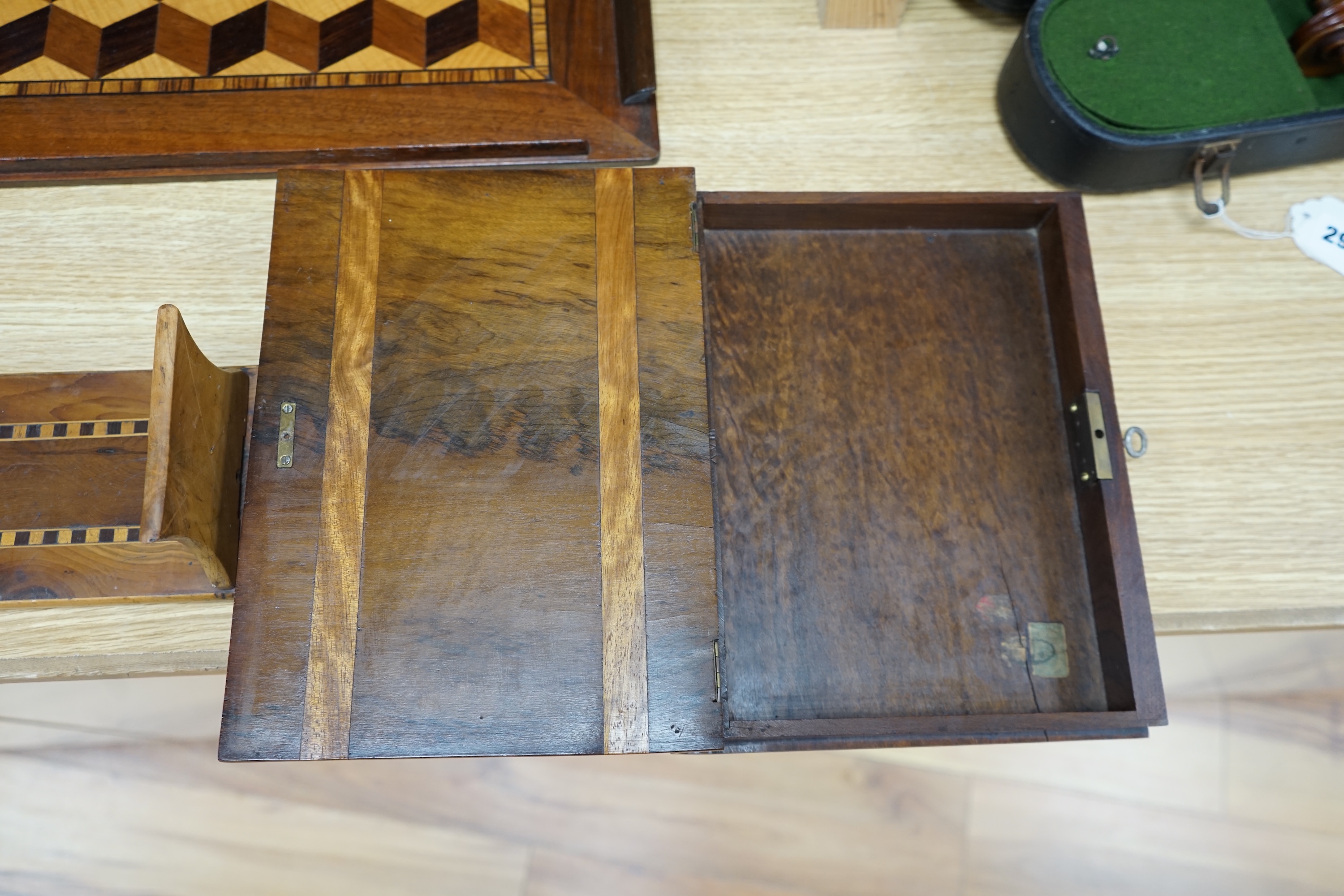 A specimen wood marquetry 'sunray' box, a marquetry tray and a Killarney yew wood bookrest, largest piece 46cm wide. Condition - some scuffs, otherwise good